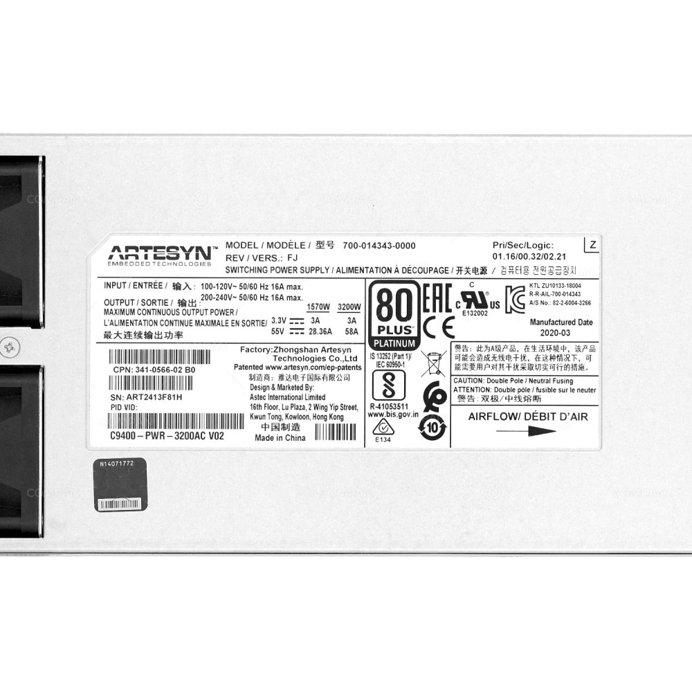 C9400-PWR-3200AC  CISCO C9000 SERIES  3200W 80 PLUS PLATINUM POWER SUPPLY FOR C9407R